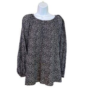 Old Navy XL Womens Floral Blouse Black White Rayon Long Sleeve Boho Cottagecore